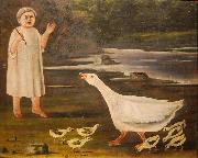 A girl and a goose with goslings